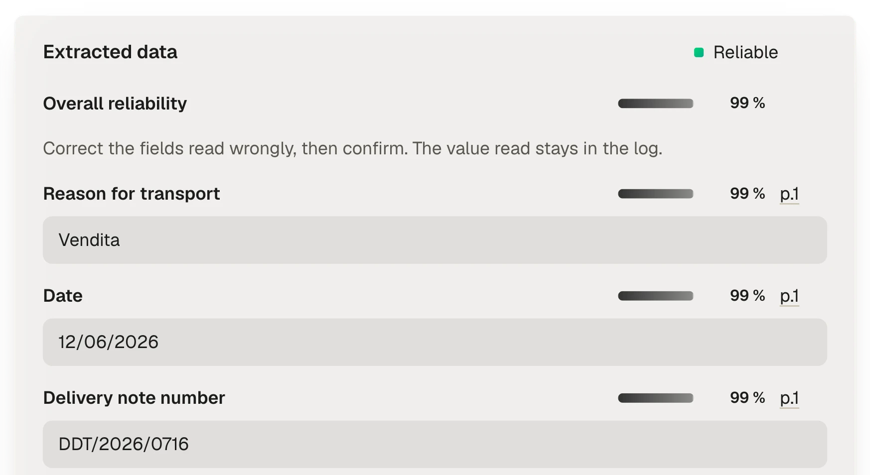 A delivery note beside the data read from it, field by field