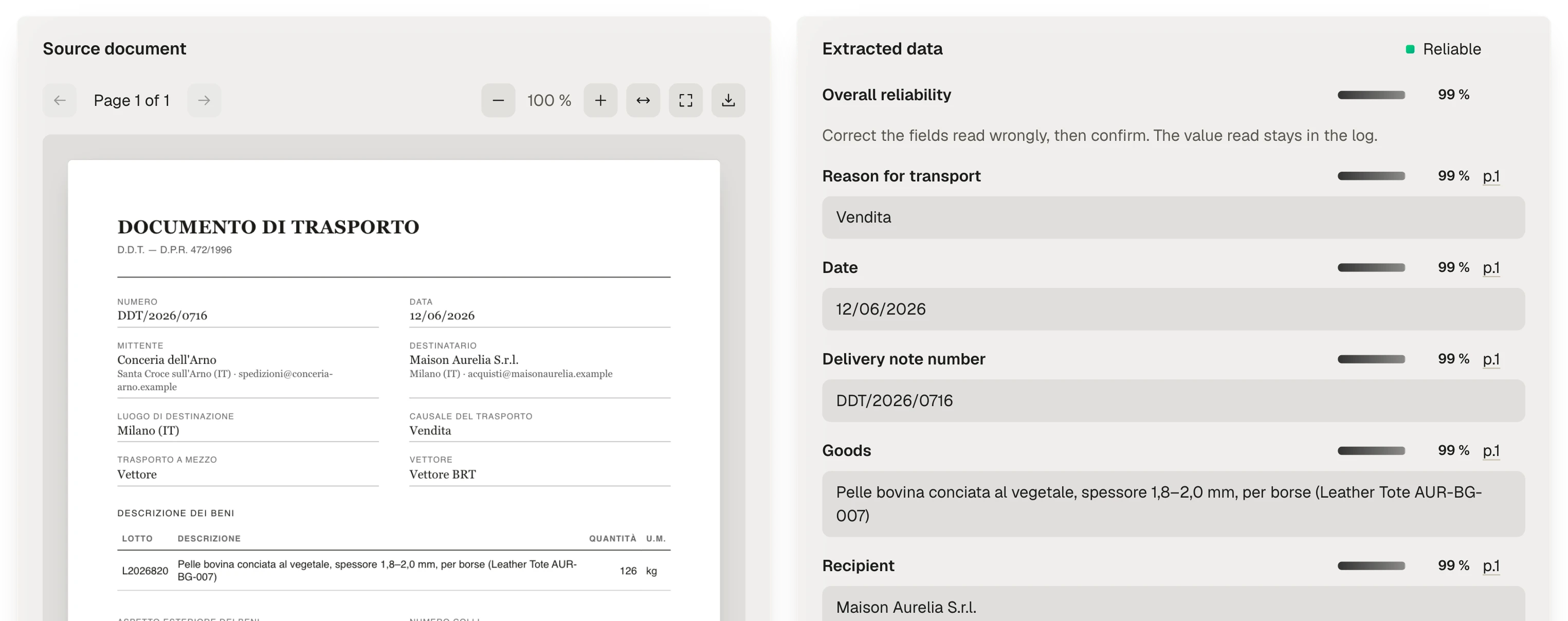 A delivery note beside the data read from it, field by field