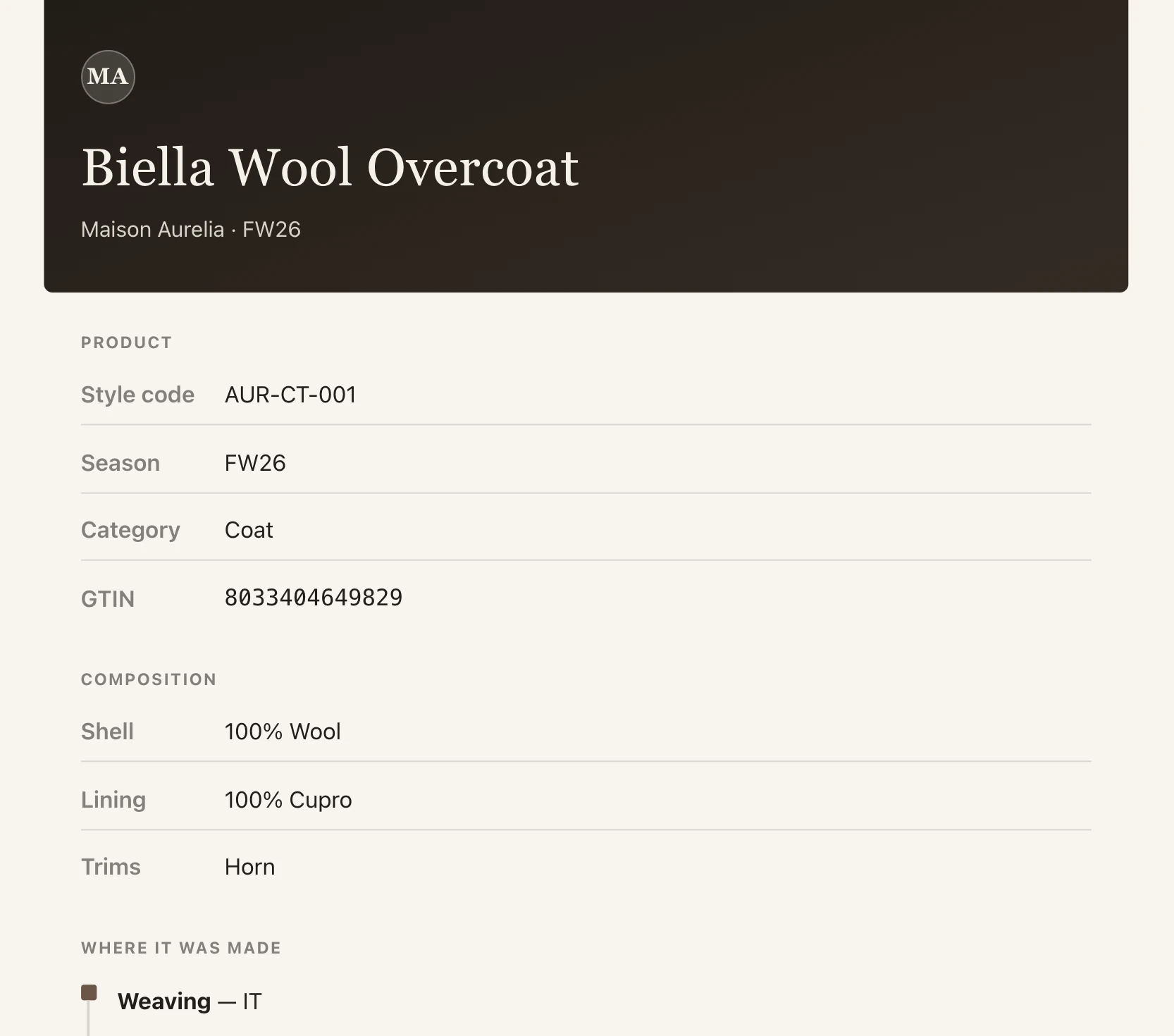 Public passport of a wool overcoat: product, composition, where it was made